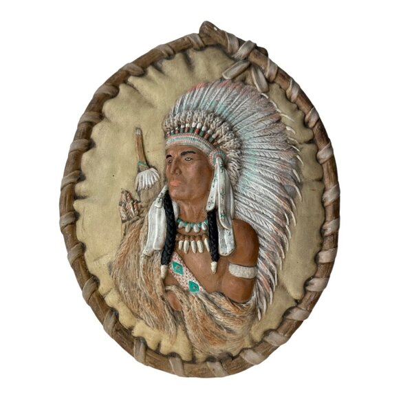 Native American Chief Warrior Wall Decor With Feather Headdress & Beaded Details - Picture 8 of 8
